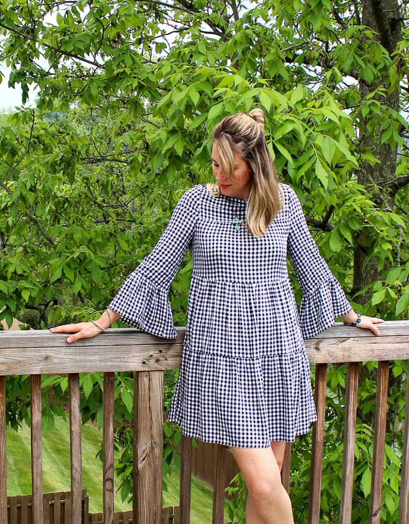 tiered bell sleeve black and white gingham dress