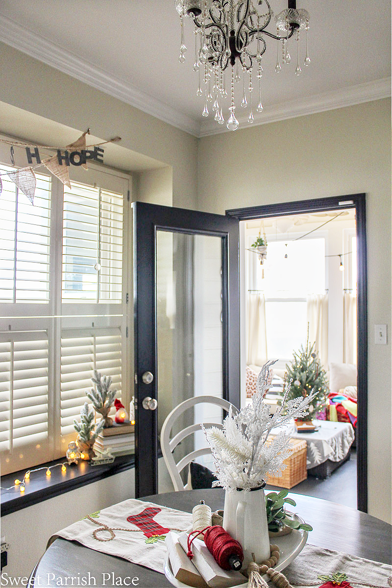 cozy and casual Christmas tour- view into sunroom