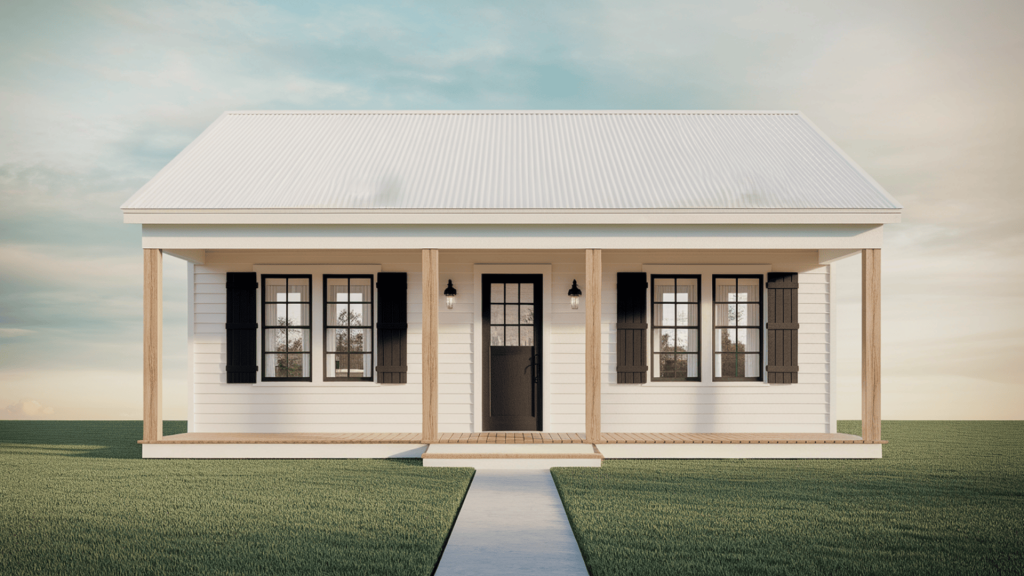 11. Wood Accent on White Home Exterior with Black Trim
