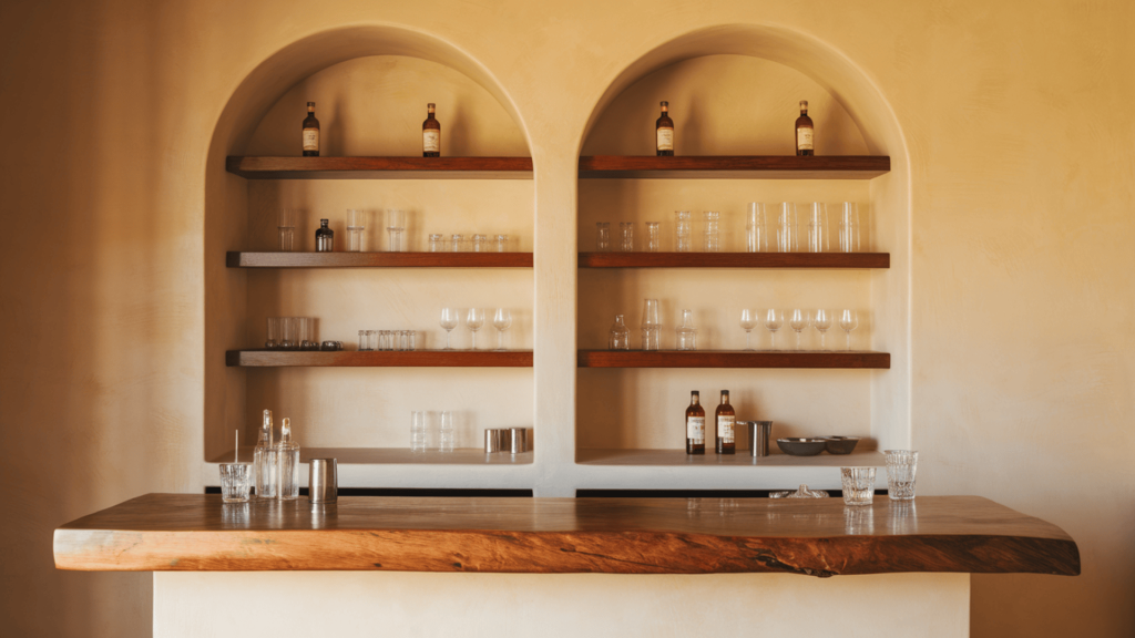 29. Open Shelving and Wooden Counter
