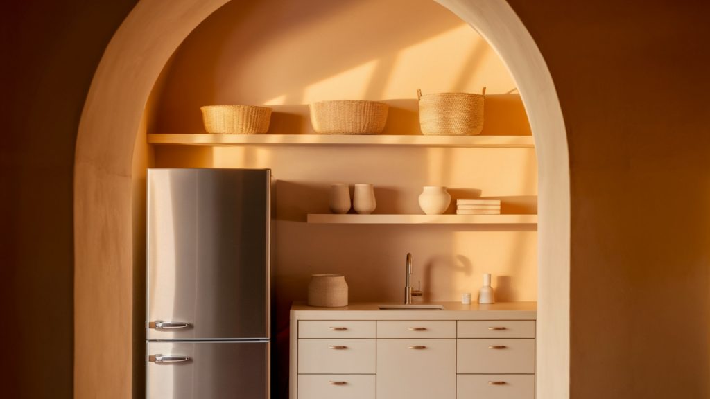 3. Minimalist Style: Open Shelving Above the Fridge
