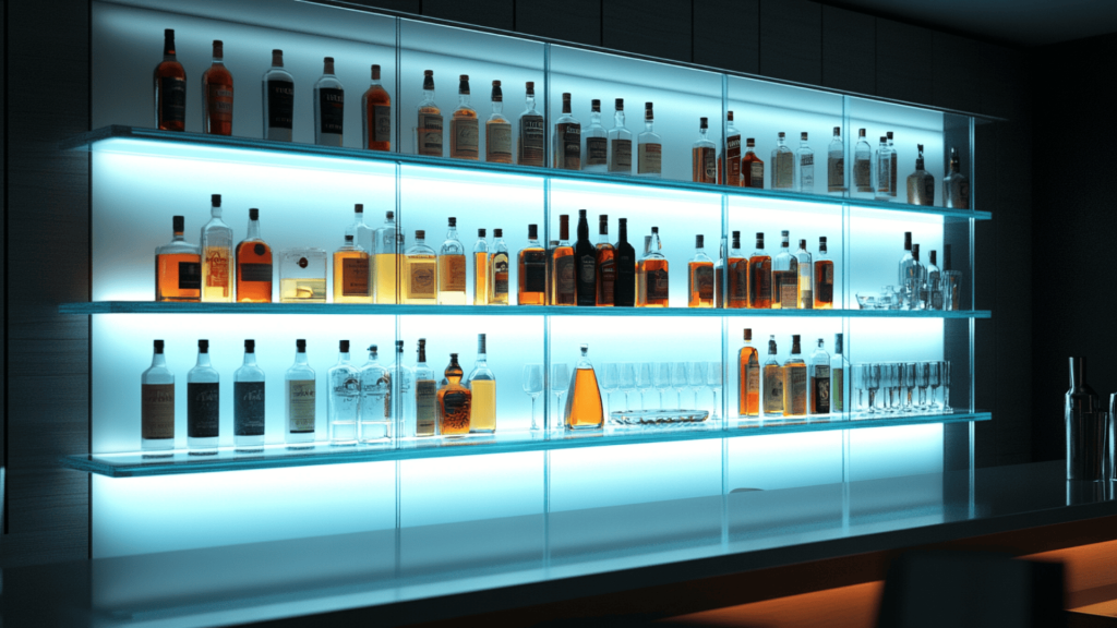 41. Backlit Glass Bar Shelving
