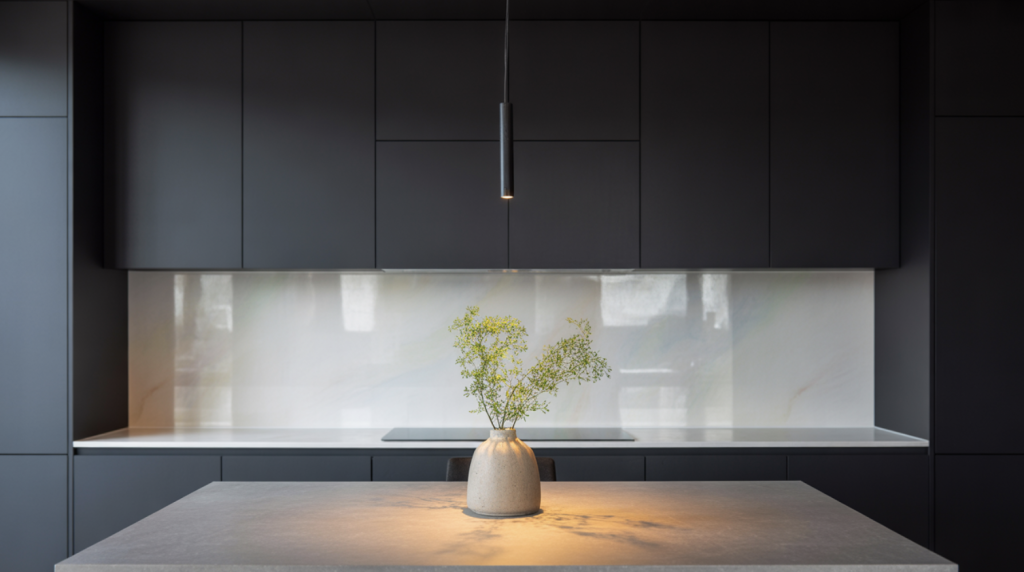 8. Matte Black Cabinets with Glossy Backsplash
