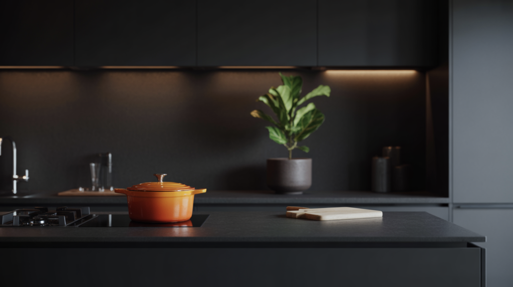 9. Monochrome Black (Black Hardware on Black Cabinets)
