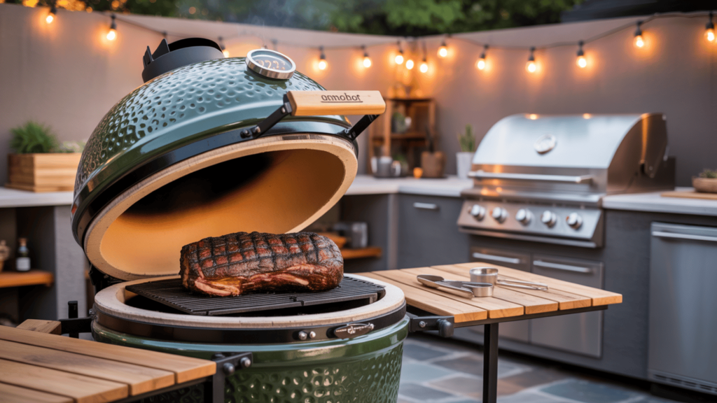 Ceramic-Kamado-Smoker-In-Backyard-Kitchen-With-Charcoal-Fire-And-Food-Cooking-In-Egg-Shaped-Grill