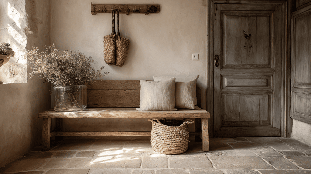 French_farmhouse_entryway_with_rustic_wooden__bench