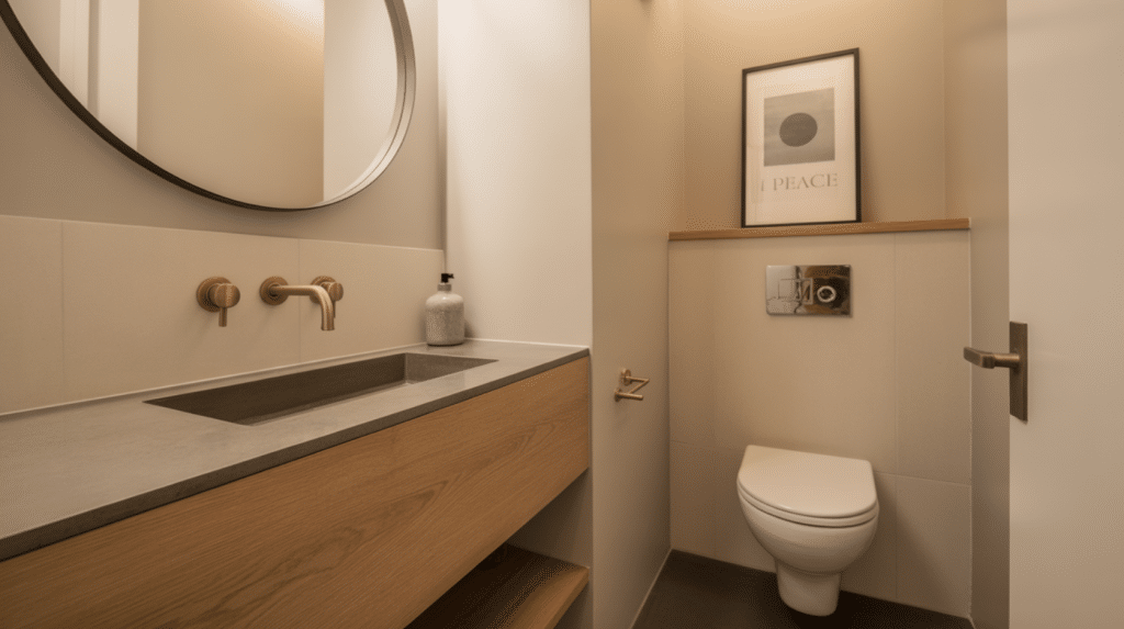 High-End-Small-Powder-Room-With-Luxury-Finishes-Floating-Vanity-And-Warm-Minimalist-Design