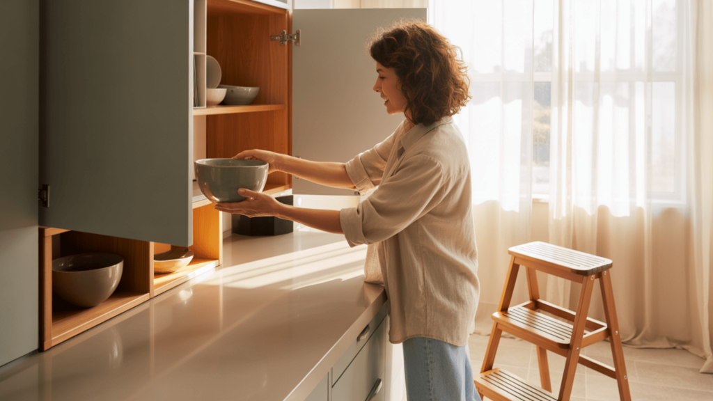 Kitchen-Showing-Accessible-Cabinet-Heights-With-Step-Stool-For-Upper-Storage-And-Easy-Reach-Zones-For-Daily-Use