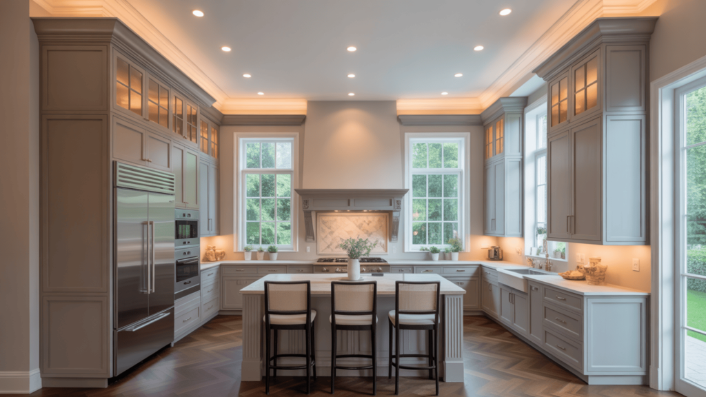 Kitchen-With-9-Foot-Ceilings-And-Tall-Upper-Cabinets-Featuring-Stepped-Design-And-Crown-Molding