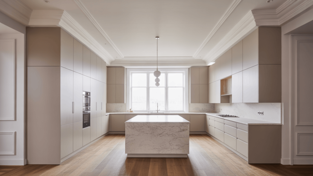 Kitchen-With-Crown-Molding-And-Matching-Finishes-Creating-Smooth-Transitions-Between-Cabinets-Ceiling-And-Floor