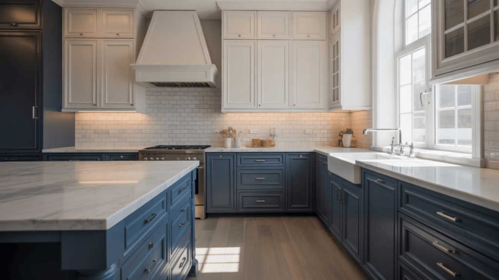 Kitchen-With-Two-Tone-Cabinets-And-Material-Finishes-That-Complement-Flooring-Countertops-And-Walls-For-A-Cohesive-Look