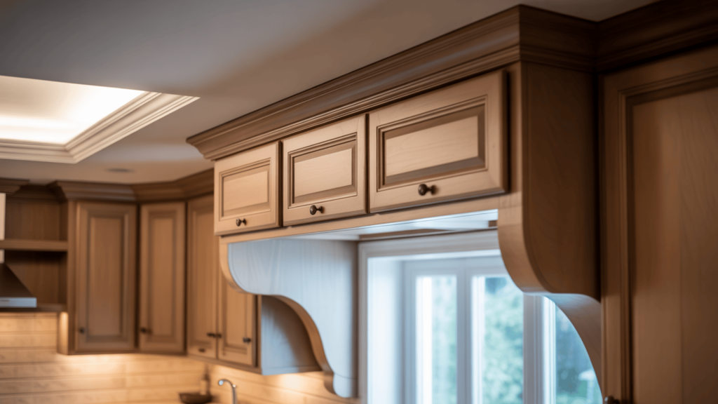 Kitchen-With-Upper-Cabinets-Fitting-Beneath-Soffits-And-Sloped-Ceilings-Using-Trim-And-Custom-Tops-For-A-Finished-Look