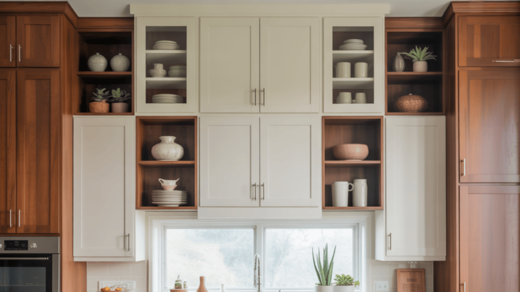 Kitchen-With-Varied-Height-Upper-Cabinets-And-Open-Shelves-For-Visual-Interest-And-Custom-Style