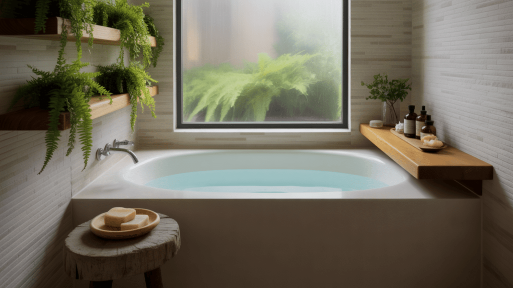 Nature-Inspired-Bathroom-With-Stone-Surfaces-And-Wooden-Stool-Ferns