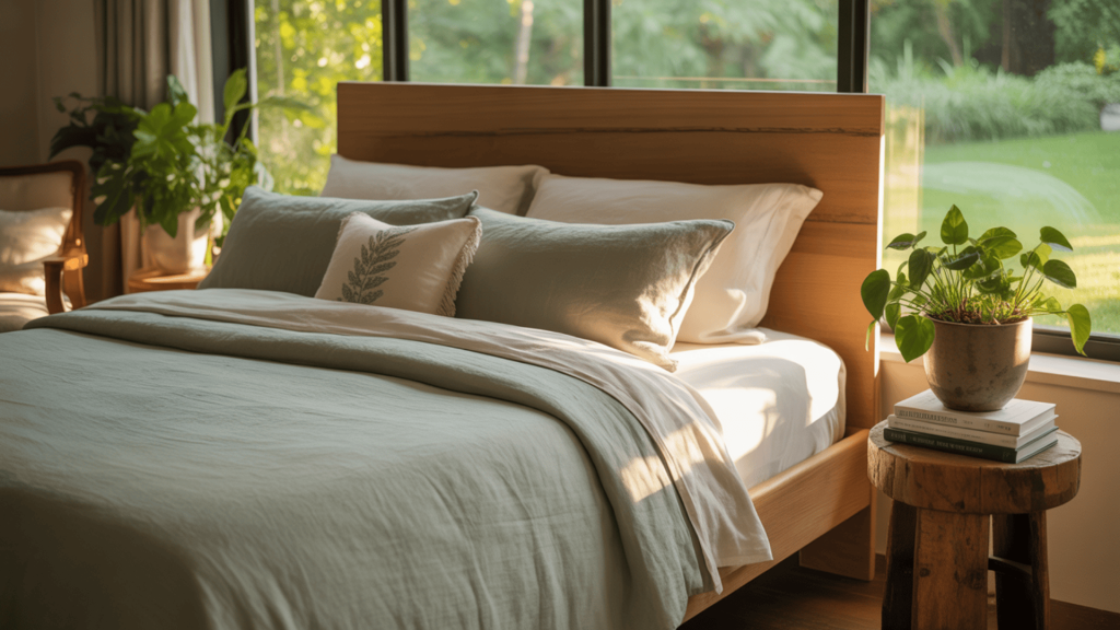 Nature-Inspired-Bedroom-With-Linen-Bedding-Wood-Furniture-Reading-Nook-And-Low-Light-Houseplants