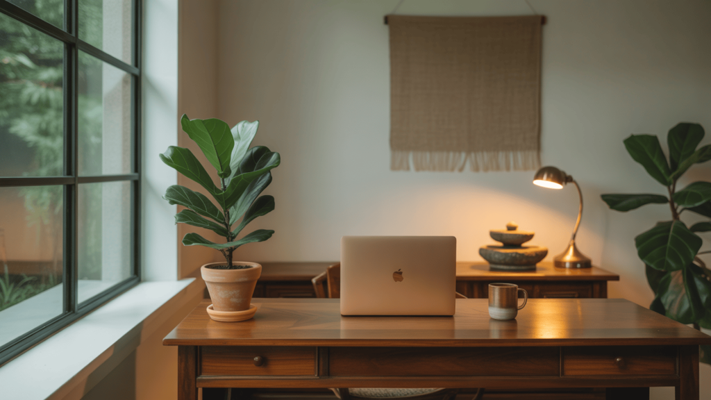 Nature-Inspired-Home-Office-With-Wooden-Desk-Indoor-Plant-Natural-Light-And-Tabletop-Fountain