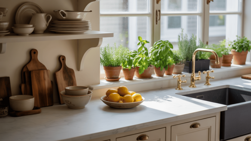 Nature-Inspired-Kitchen-With-Stone-Countertops-Herb-Garden-Wood-Shelves-And-Patina-Brass-Fixtures