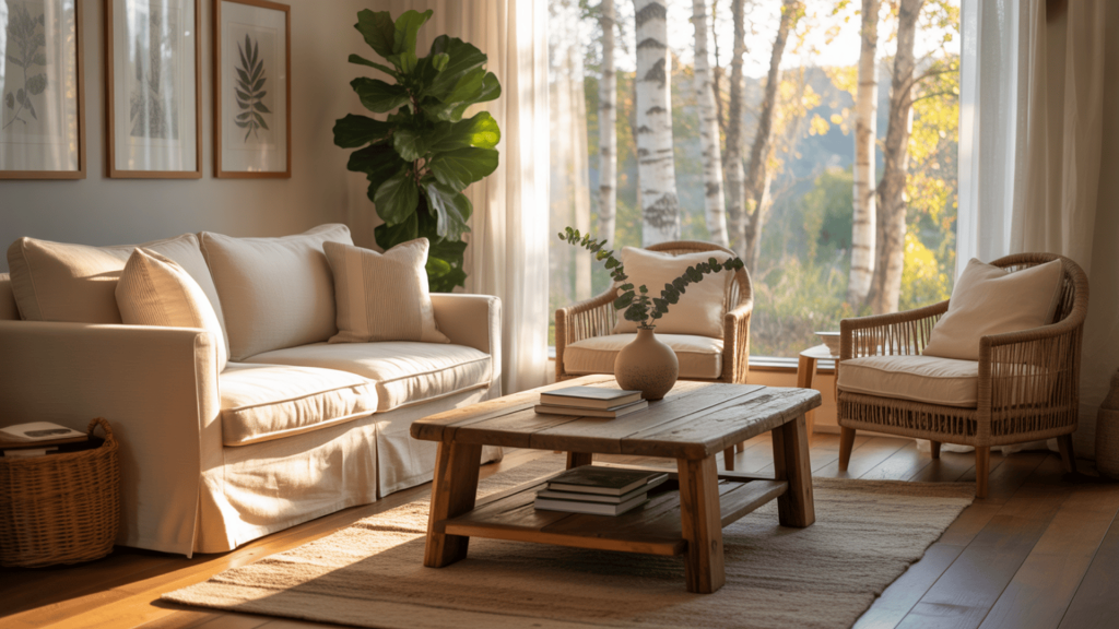 Nature-Inspired-Living-Room-With-Wood-Furniture-Plants-Natural-Rug-And-Landscape-Artwork-Facing-Outdoor-View
