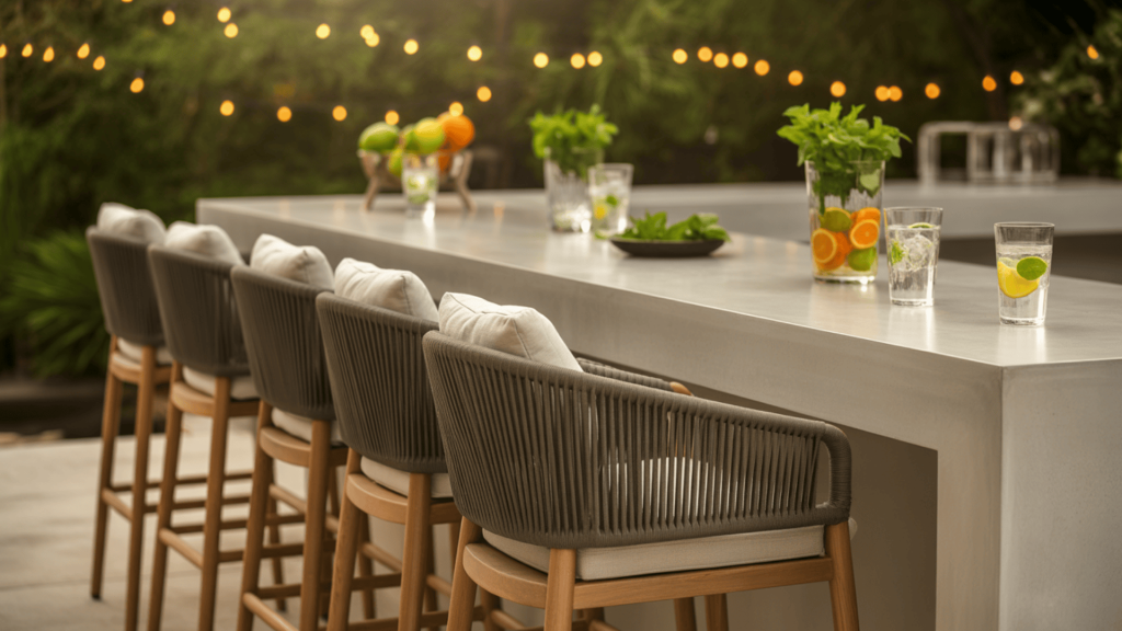 Outdoor-Bar-Stools-With-Weatherproof-Design-And-Footrests-Arranged-At-Backyard-Kitchen-Counter