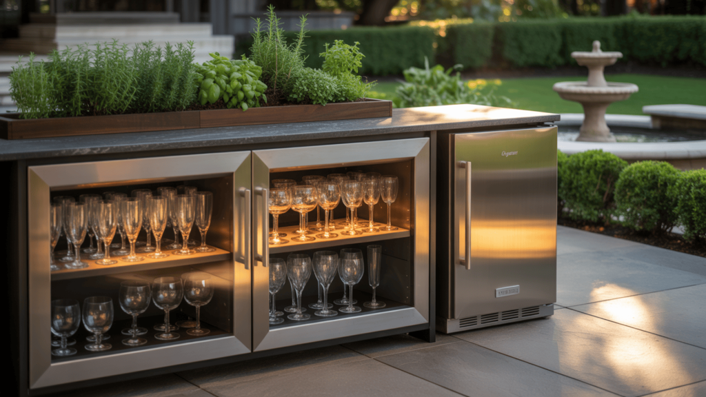 Outdoor-Glassware-Storage-Cabinet-With-Sealed-Glass-Doors-And-Organized-Cups-In-Weatherproof-Bar-Setup