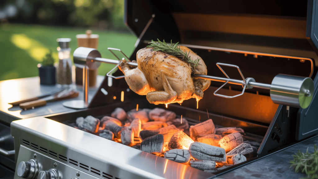 Outdoor-Grill-With-Rotisserie-Kit-Cooking-Chicken-On-Spit-Rod-With-Motor-And-Forks