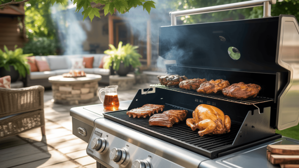 Outdoor-Grill-With-Smoker-Box-Releasing-Wood-Smoke-To-Flavor-Meats-In-Backyard-Cooking-Scene