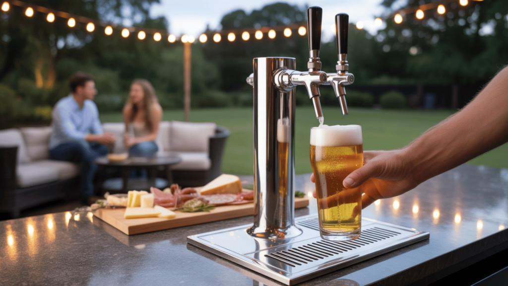 Outdoor-Kegerator-Dispensing-Draft-Beer-With-Dual-Taps-In-Backyard-Bar-Entertainment-Area