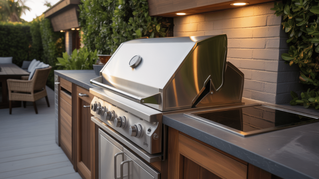 Outdoor-Kitchen-With-Built-In-Stainless-Steel-Grill-And-Modern-Stone-Countertop