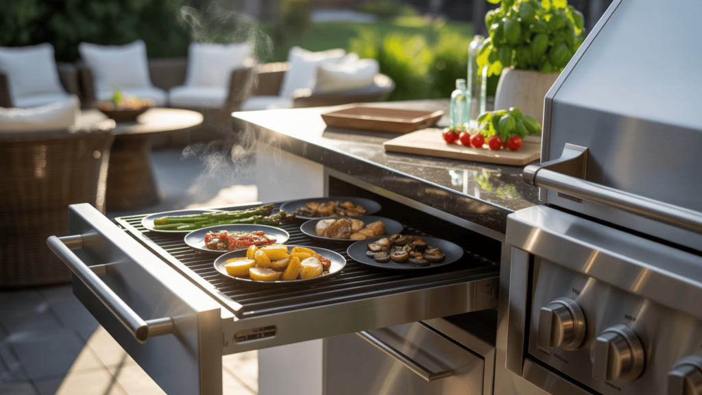 Outdoor-Kitchen-With-Built-In-Warming-Drawer-Keeping-Food-Hot-While-Preparing-Multiple-Dishes