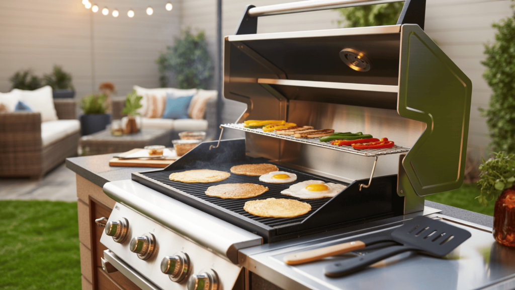 Outdoor-Kitchen-With-Flat-Top-Grill-Cooking-Breakfast-And-Stir-Fry-On-Stainless-Steel-Surface