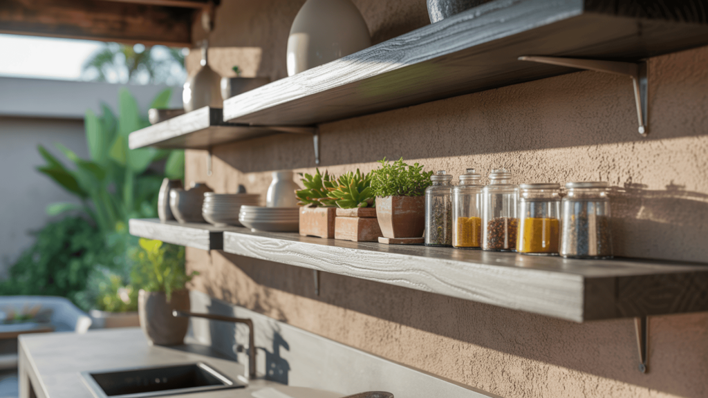 Outdoor-Kitchen-With-Floating-Shelves-Holding-Dishware-And-Cooking-Essentials-On-Weatherproof-Wall