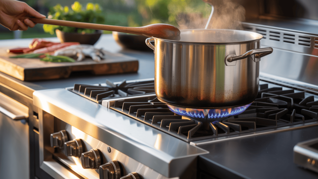 Outdoor-Kitchen-With-High-Output-Power-Burner-Boiling-Large-Pot-For-Seafood-Or-Batch-Cooking
