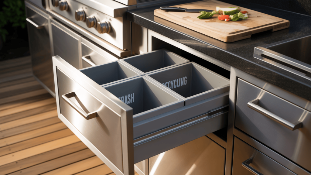 Outdoor-Kitchen-With-Pull-Out-Trash-And-Recycle-Bins-In-Weatherproof-Cabinet-For-Tidy-Cleanup