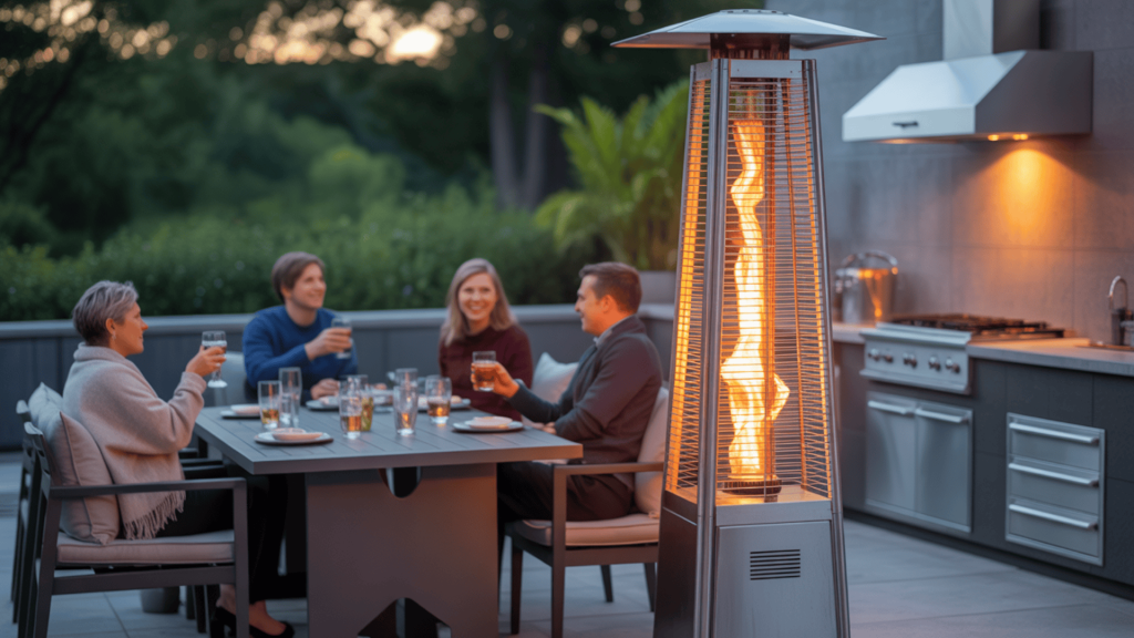 Outdoor-Patio-With-Glowing-Heater-Warming-Seating-Area-For-Cool-Evenings-In-Backyard-Kitchen-Space
