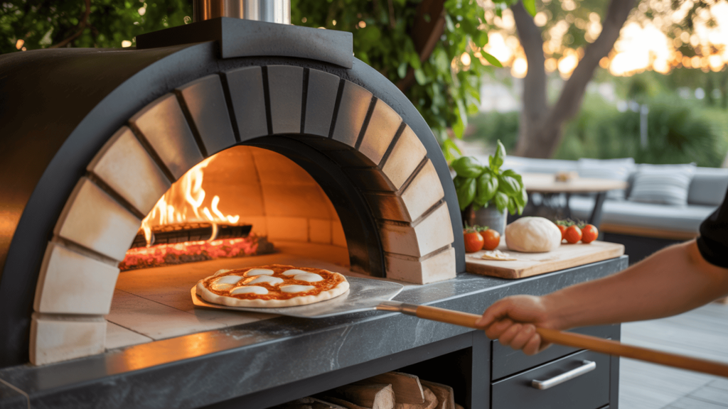 Outdoor-Pizza-Oven-Baking-Artisan-Pizza-With-Flames-And-Crispy-Crust-In-Backyard-Cooking-Space
