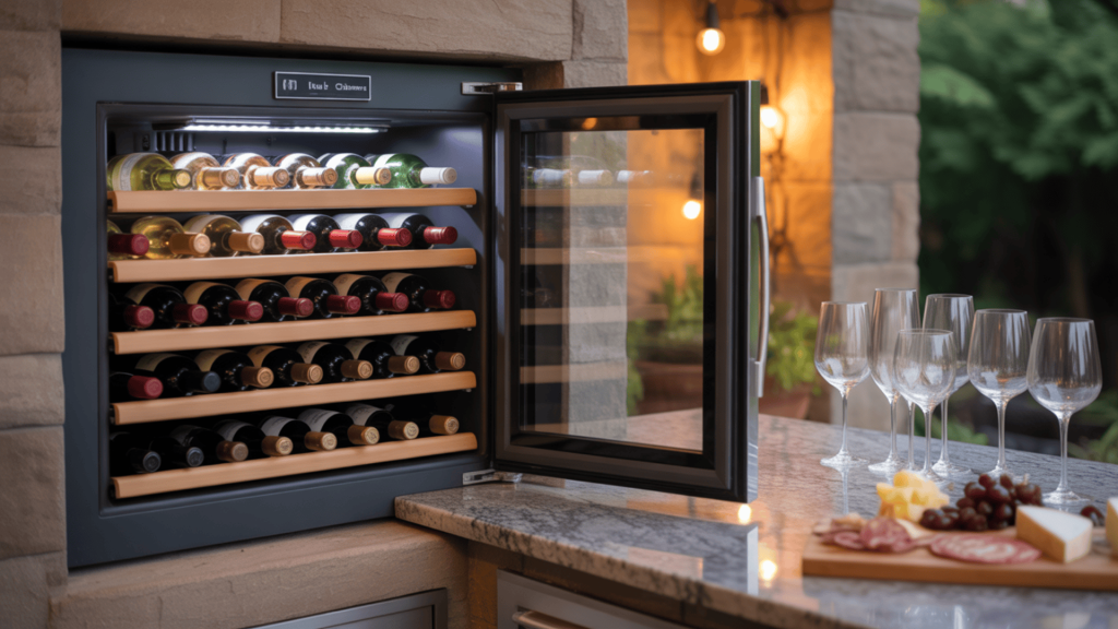 Outdoor-Wine-Cooler-With-UV-Glass-Door-And-Dual-Zone-Chilling-In-Stylish-Patio-Bar-Setup