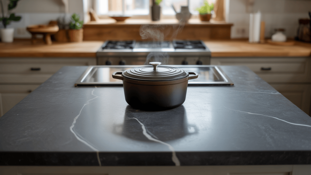 Realistic-Kitchen-With-Soapstone-Countertop-And-Hot-Pan-Showing-Heat-Resistance