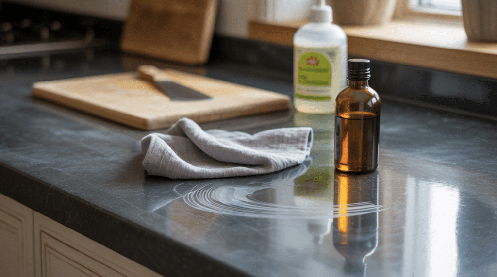 Realistic-Soapstone-Countertop-With-Cleaning-Tools-And-Mineral-Oil-For-Long-Term-Care-And-Maintenance