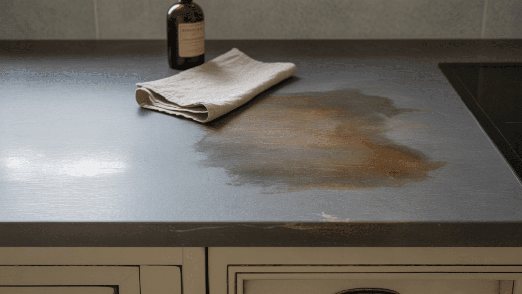 Realistic-Soapstone-Countertop-With-Scratches-Oiling-Supplies-And-Natural-Color-Variation-Over-Time