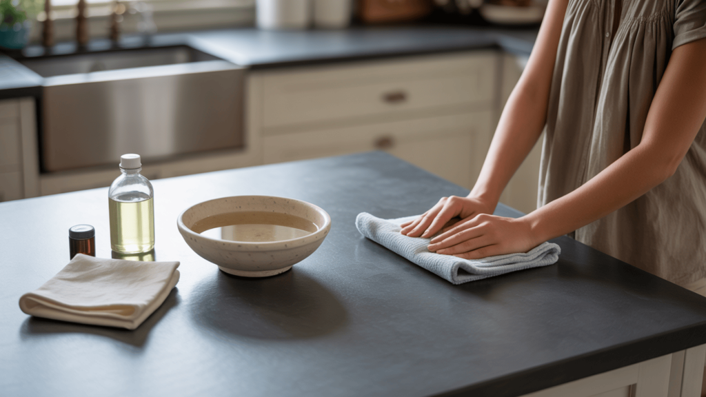 Realistic-Soapstone-Countertop-With-Soap-Water-And-Mineral-Oil-For-Easy-Cleaning-And-Care