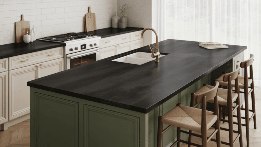 Realistic-Soapstone-Countertops-With-White-And-Colorful-Cabinets-In-Stylish-Kitchen-Setting