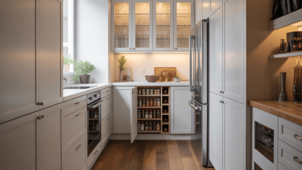 Small-Kitchen-With-Narrow-Pull-Out-Cabinets-Open-Shelves-And-Glass-Front-Upper-Storage-To-Maximize-Space-And-Style