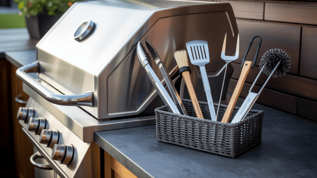 Stainless-Steel-BBQ-Tool-Set-Displayed-Beside-Outdoor-Grill-In-Organized-Cooking-Station