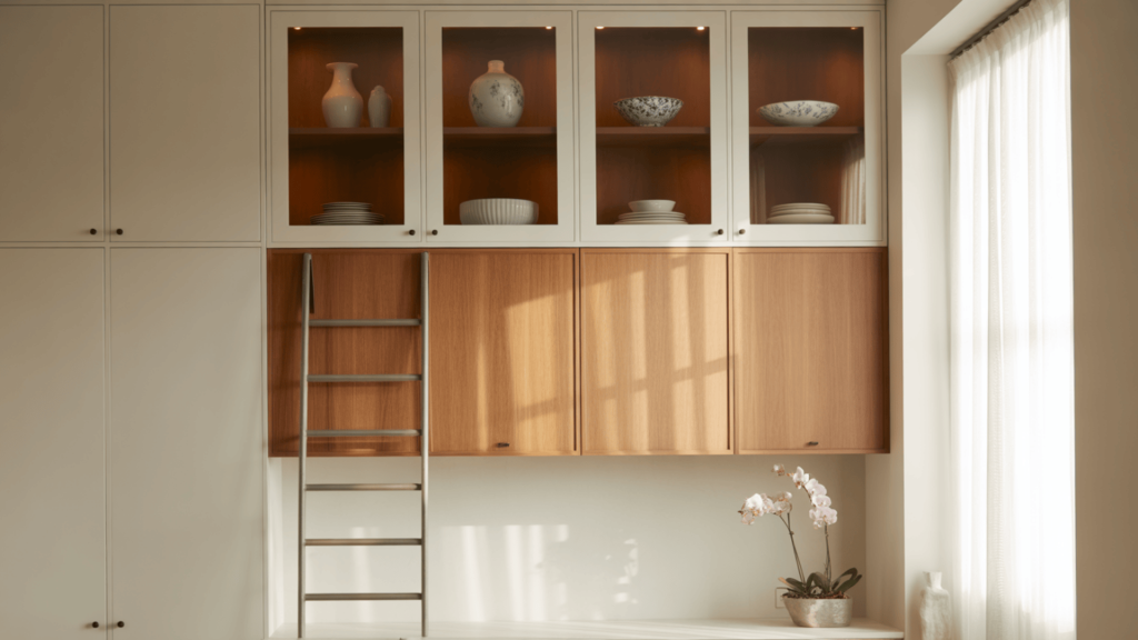 Tall-Kitchen-With-Stacked-Cabinets-And-Glass-Doors-For-High-Ceilings-And-Maximum-Storage