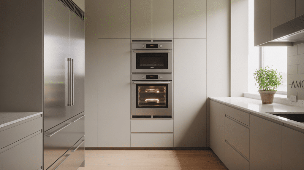 Vertical-Design-Opportunities-In-Modern-Kitchen-with-Wall-Oven-and-Integrated-Storage-Semi-Realistic-Vector-Style